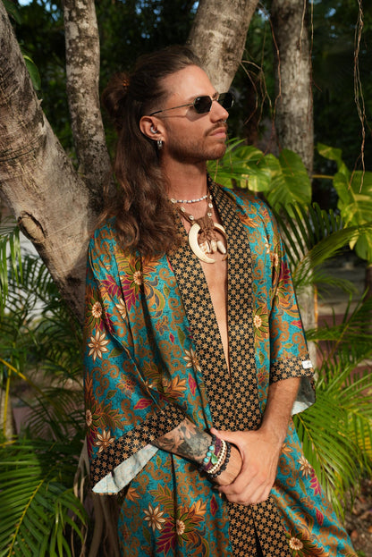 Boho Spiritual Festival Kimono  long Set  Mens Tribal Robe & Shorts Handmade Bali Batik  Sacred Ritual Outfit  Silk Blend Loungewear