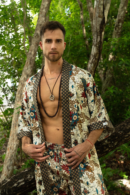 Cream Short Silk Bali Batik Kimono Robe Set - Spiritual Boho Gift for Men Handmade Festival Loungewear- Bali resort kimono robe Gift for him