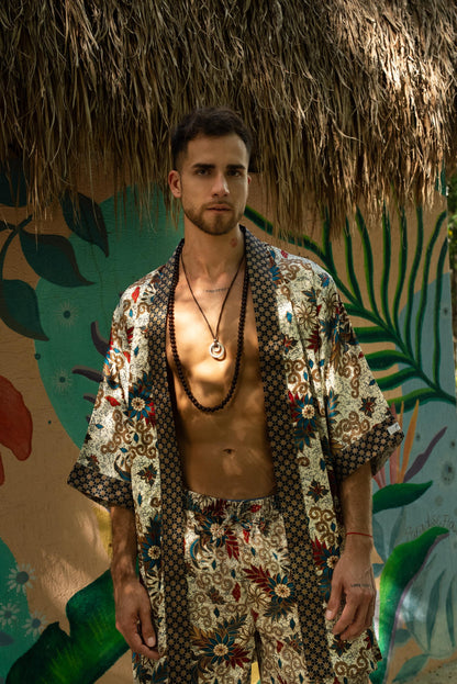 Cream Short Silk Bali Batik Kimono Robe Set - Spiritual Boho Gift for Men Handmade Festival Loungewear- Bali resort kimono robe Gift for him