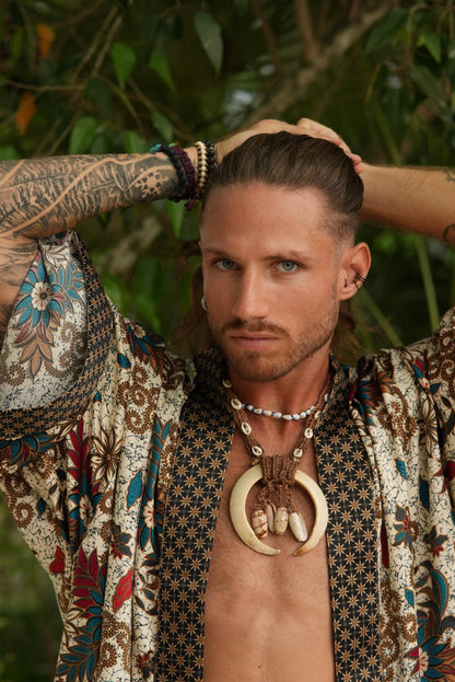 Cream Short Silk Bali Batik Kimono Robe Set - Spiritual Boho Gift for Men Handmade Festival Loungewear- Bali resort kimono robe Gift for him