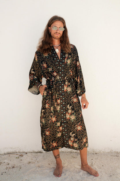 Boho Kimono Robe long Set for Men  Luxury Bali Loungewear with Boxers  Japanese Style Batik Print  Lightweight Summer Robe Christmas  Gift