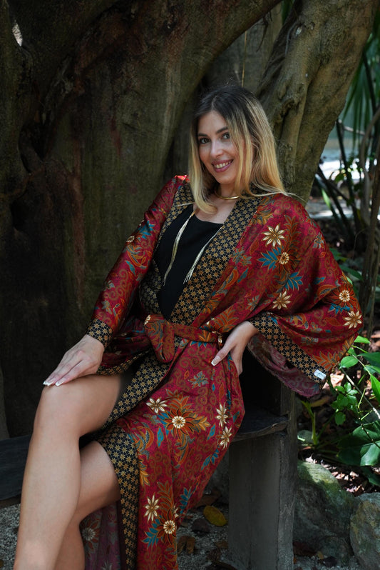 Chic Bohemian Bali Silk Kimono Robe  Exquisite Women Robe, Luxury Gift Robes for Women ,Boho Handmade Bali Kimono, Luxury Christmas Gift.