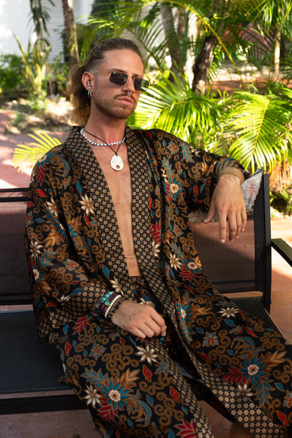 Long black Boho Kimono Robe Set -  Silk Blend Robe with Matching Boxers  Bali Loungewear  Lightweight Resort Spa Outfit - silk robe men