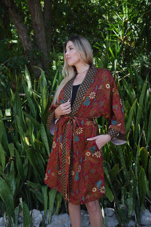 Short Floral Red Silk Kimono Robe -Elegant Boho Bridesmaid Wear - Honeymoon Silk Robe with Side Pockets Christmas Gift -Bali Silk Pajama