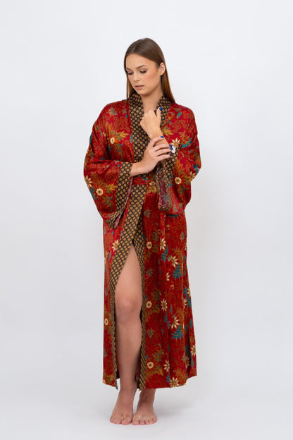 Red Floral Silk Kimono Robe Long for Women -Long Silk Boho Kimono Robe Pajamas Christmas Gift - Soft and Comfortable Robe Gift for Wife Mom