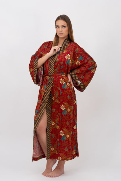 Red Floral Silk Kimono Robe Long for Women -Long Silk Boho Kimono Robe Pajamas Christmas Gift - Soft and Comfortable Robe Gift for Wife Mom