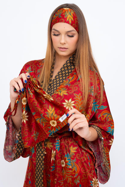 Red Floral Silk Kimono Robe Long for Women -Long Silk Boho Kimono Robe Pajamas Christmas Gift - Soft and Comfortable Robe Gift for Wife Mom