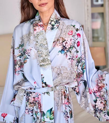 Silk Kimono Robe: Light Blue Floral Boho Loungewear