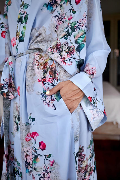 Silk Kimono Robe: Light Blue Floral Boho Loungewear