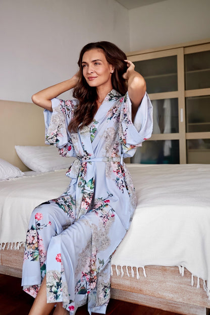 Silk Kimono Robe: Light Blue Floral Boho Loungewear