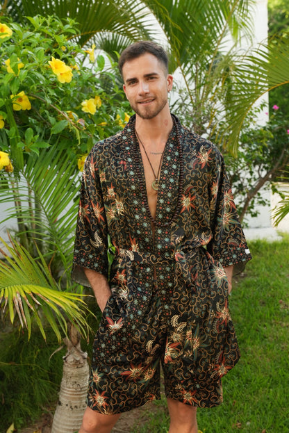 Boho Kimono Robe long Set for Men  Luxury Bali Loungewear with Boxers  Japanese Style Batik Print  Lightweight Summer Robe Christmas  Gift