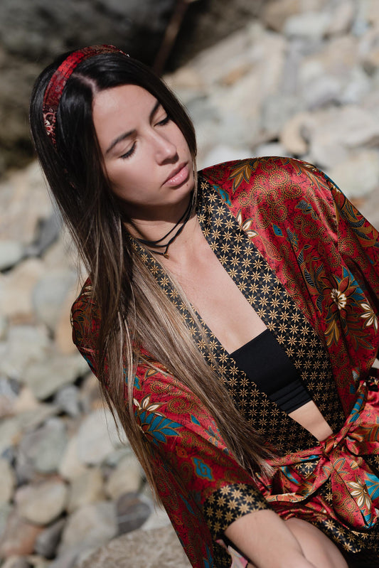 Red Silk Kimono Robe: Boho Batik Loungewear - ApheaFashion Brand