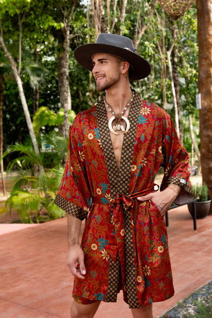 Red Silk Bland kimono Short -Boho robe for men -Bali Style Festival Kimono Men spa robe -Spirit gift for men Unique gift for traveler style