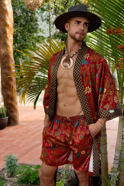 Red Silk Bland kimono Short -Boho robe for men -Bali Style Festival Kimono Men spa robe -Spirit gift for men Unique gift for traveler style