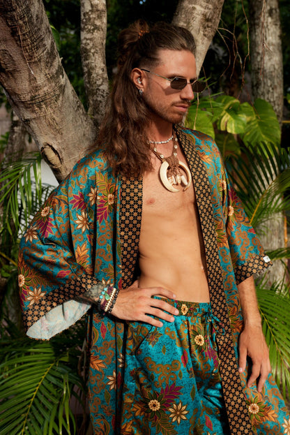 Boho Spiritual Festival Kimono  long Set  Mens Tribal Robe & Shorts Handmade Bali Batik  Sacred Ritual Outfit  Silk Blend Loungewear