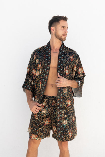 Mens Boho Short Kimono Set -Black Silk Blend Batik Robe and Boxers -Festival Loungewear -Unique Gift for Him-Bali spirit men kimono set