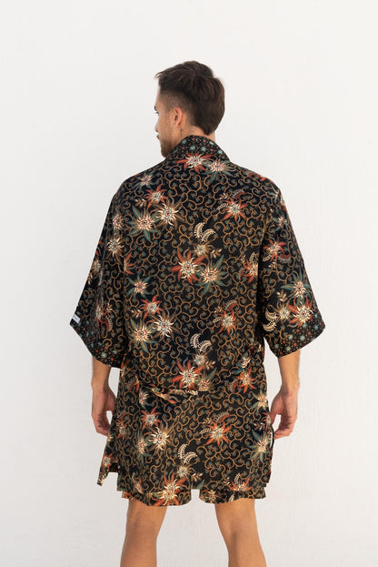 Mens Boho Short Kimono Set -Black Silk Blend Batik Robe and Boxers -Festival Loungewear -Unique Gift for Him-Bali spirit men kimono set