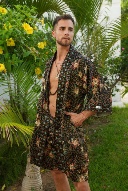 Mens Boho Short Kimono Set -Black Silk Blend Batik Robe and Boxers -Festival Loungewear -Unique Gift for Him-Bali spirit men kimono set