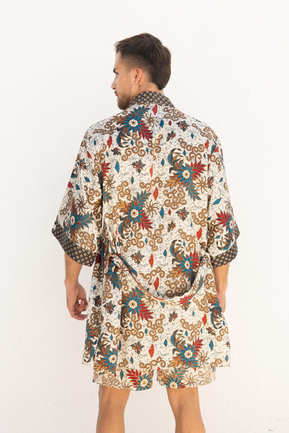 Cream Short Silk Bali Batik Kimono Robe Set - Spiritual Boho Gift for Men Handmade Festival Loungewear- Bali resort kimono robe Gift for him