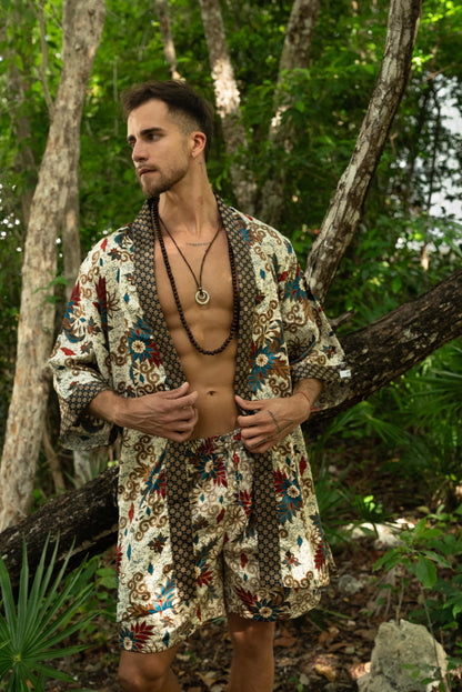 Cream Short Silk Bali Batik Kimono Robe Set - Spiritual Boho Gift for Men Handmade Festival Loungewear- Bali resort kimono robe Gift for him