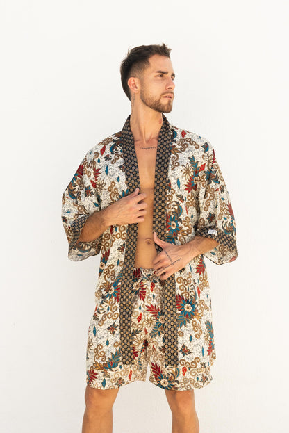 Cream Short Silk Bali Batik Kimono Robe Set - Spiritual Boho Gift for Men Handmade Festival Loungewear- Bali resort kimono robe Gift for him