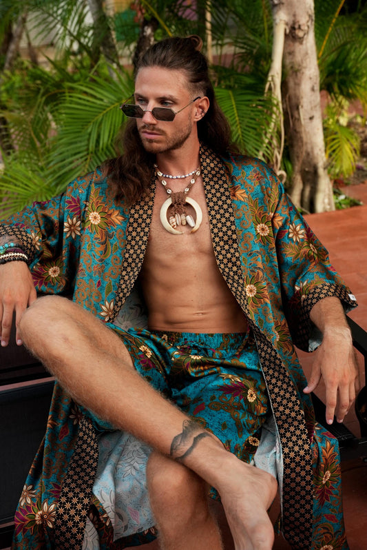 Boho Spiritual Festival Kimono  long Set  Mens Tribal Robe & Shorts Handmade Bali Batik  Sacred Ritual Outfit  Silk Blend Loungewear