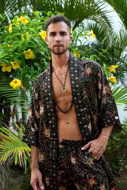 Boho Kimono Robe long Set for Men  Luxury Bali Loungewear with Boxers  Japanese Style Batik Print  Lightweight Summer Robe Christmas  Gift