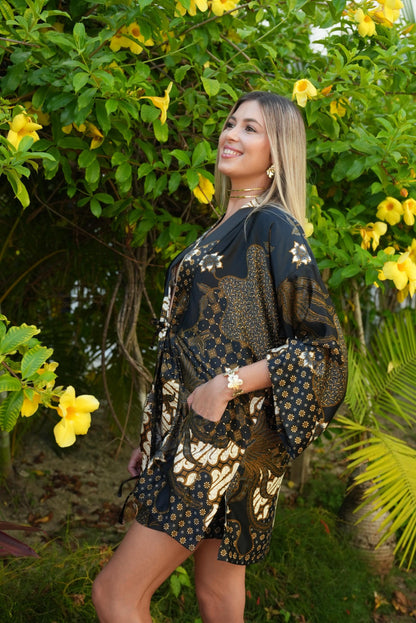 Boho Girl kimono Set, Black silk -bland Set , Festival Clothing, Gift robe