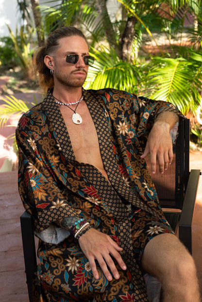 Long black Boho Kimono Robe Set -  Silk Blend Robe with Matching Boxers  Bali Loungewear  Lightweight Resort Spa Outfit - silk robe men