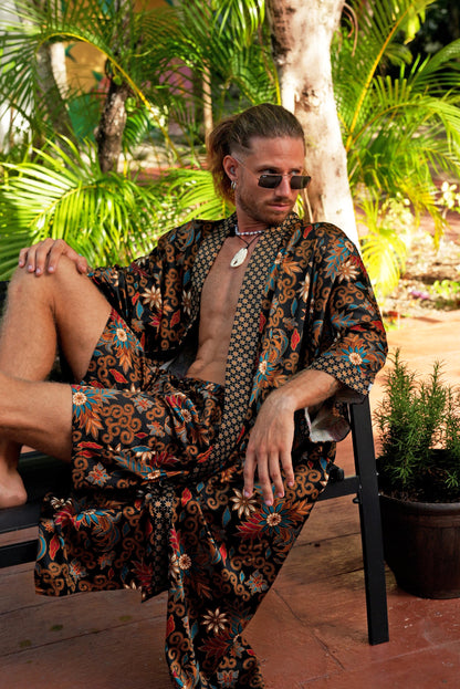 Long black Boho Kimono Robe Set -  Silk Blend Robe with Matching Boxers  Bali Loungewear  Lightweight Resort Spa Outfit - silk robe men