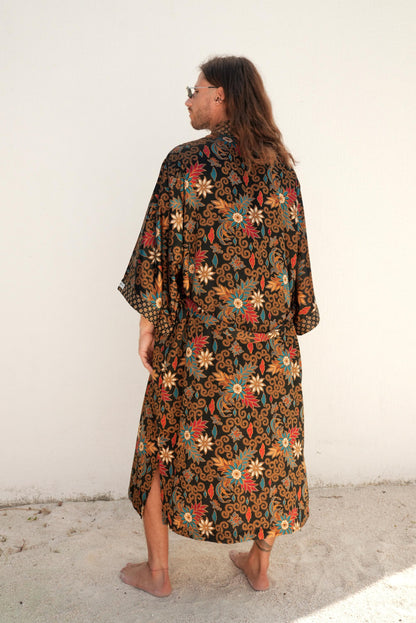 Long black Boho Kimono Robe Set -  Silk Blend Robe with Matching Boxers  Bali Loungewear  Lightweight Resort Spa Outfit - silk robe men