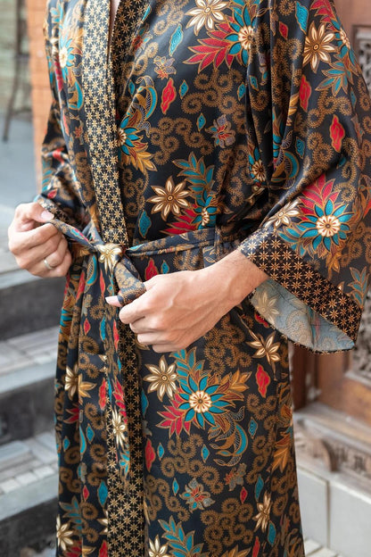 Long black Boho Kimono Robe Set -  Silk Blend Robe with Matching Boxers  Bali Loungewear  Lightweight Resort Spa Outfit - silk robe men