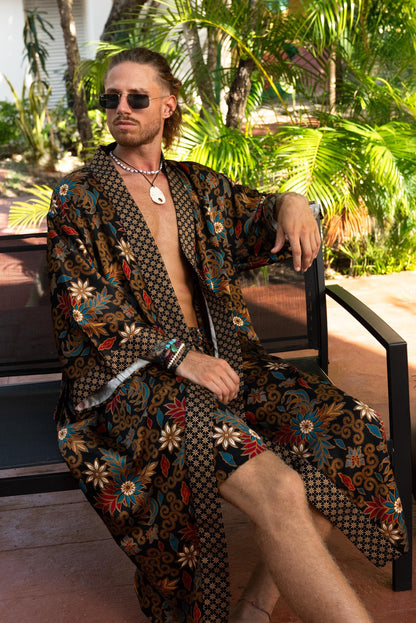 Long black Boho Kimono Robe Set -  Silk Blend Robe with Matching Boxers  Bali Loungewear  Lightweight Resort Spa Outfit - silk robe men