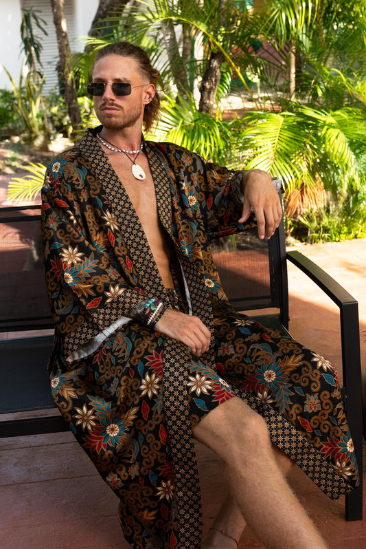 Long black Boho Kimono Robe Set -  Silk Blend Robe with Matching Boxers  Bali Loungewear  Lightweight Resort Spa Outfit - silk robe men