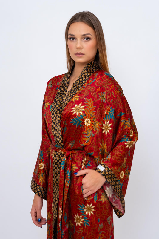 Red Floral Silk Kimono Robe Long for Women -Long Silk Boho Kimono Robe Pajamas Christmas Gift - Soft and Comfortable Robe Gift for Wife Mom