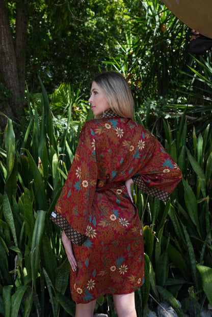 Red Floral Silk Kimono Robe Long for Women -Long Silk Boho Kimono Robe Pajamas Christmas Gift - Soft and Comfortable Robe Gift for Wife Mom