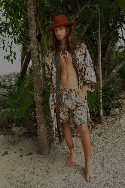 Boho Mens Batik Kimono Robe  long Handmade Lightweight Silk Blend Bali Robe  Japanese Style Kimono for Him Unique Groomsmen  Birthday Gift