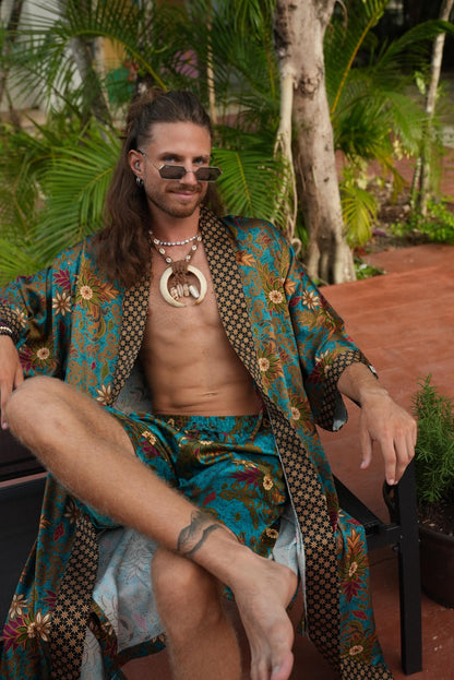 Boho Spiritual Festival Kimono  long Set  Mens Tribal Robe & Shorts Handmade Bali Batik  Sacred Ritual Outfit  Silk Blend Loungewear