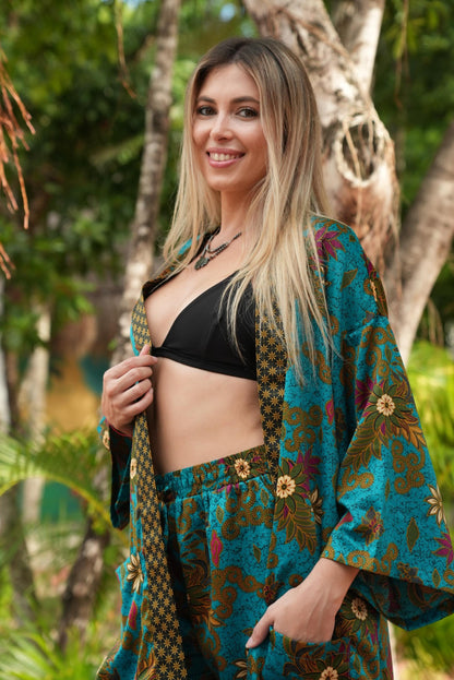 Blue Silk Kimono Robe Set: Polynesian Batik, Gift-Ready