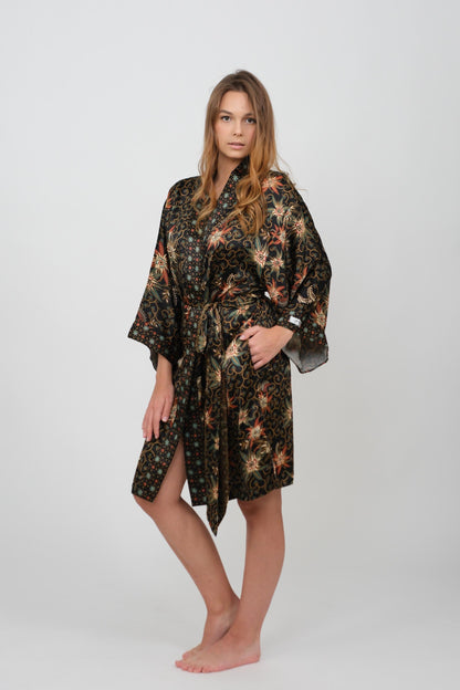 Atlas Silk-Blend Short Kimono Robe, Bali Batik, Long Sleeve, One-Piece . Size S/M