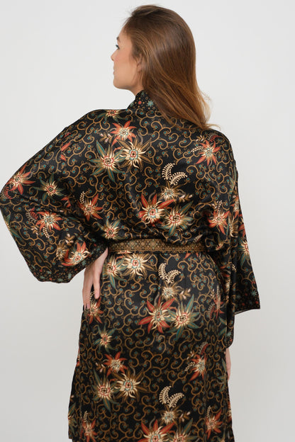 Atlas Silk-Blend Short Kimono Robe, Bali Batik, Long Sleeve, One-Piece . Size S/M