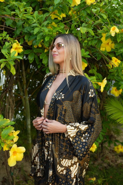 Boho Girl kimono Set, Black silk -bland Set , Festival Clothing, Gift robe
