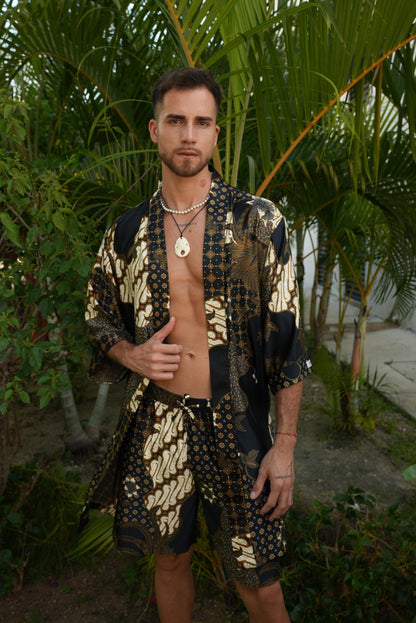 Men's Batik Silk Blend Kimono Robe & Boxer Set: Handmade Bali Loungewear