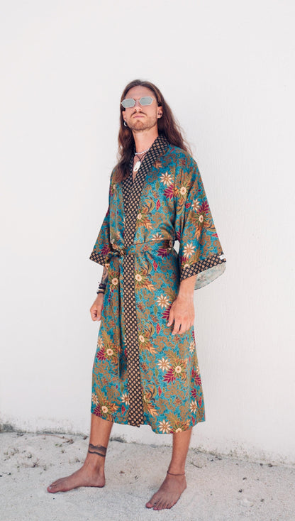 Handmade Bali Silk Blend Batik Kimono Robe - Music Festival Style