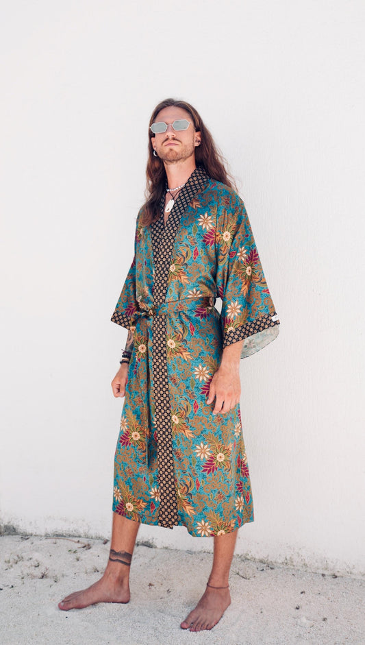 Handmade Bali Silk Blend Batik Kimono Robe - Music Festival Style