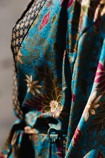 Blue Silk Kimono Robe Set: Polynesian Batik, Gift-Ready