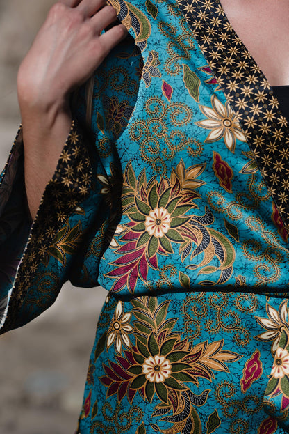 Blue Silk Kimono Robe Set: Polynesian Batik, Gift-Ready