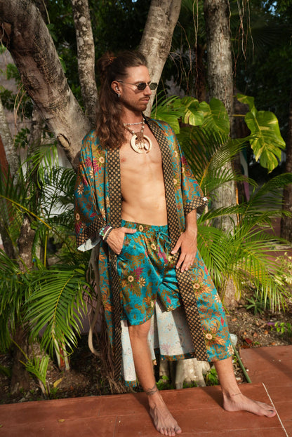Men's Kimono Set+Boxer, Long Silk Blend Kimono Robe Set: Batik Bali Loungewear with Boxers