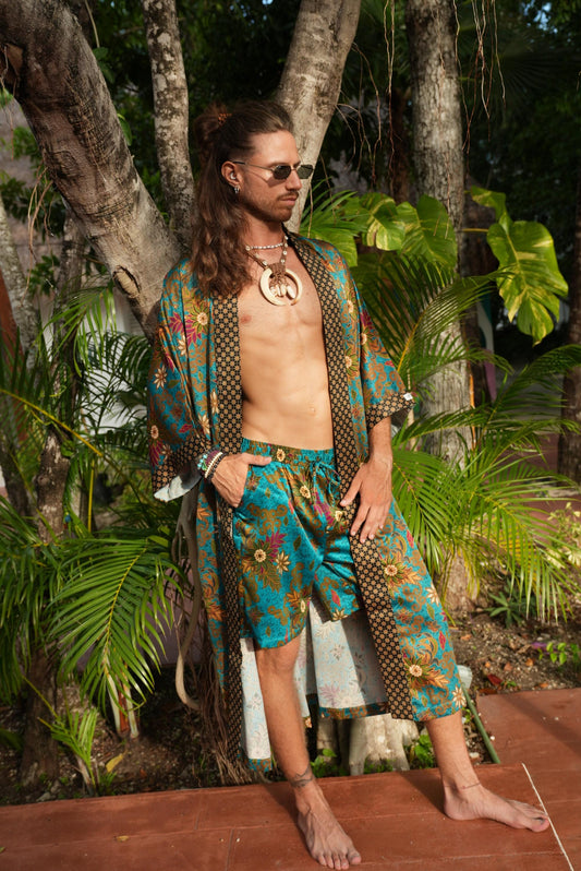 Men's Kimono Set+Boxer, Long Silk Blend Kimono Robe Set: Batik Bali Loungewear with Boxers
