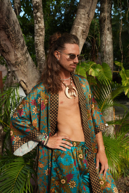 Men's Kimono Set+Boxer, Long Silk Blend Kimono Robe Set: Batik Bali Loungewear with Boxers